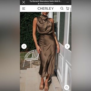 CHERLEY - TURTLENECK SLEEVELESS SATIN MIDI DRESS - mocha